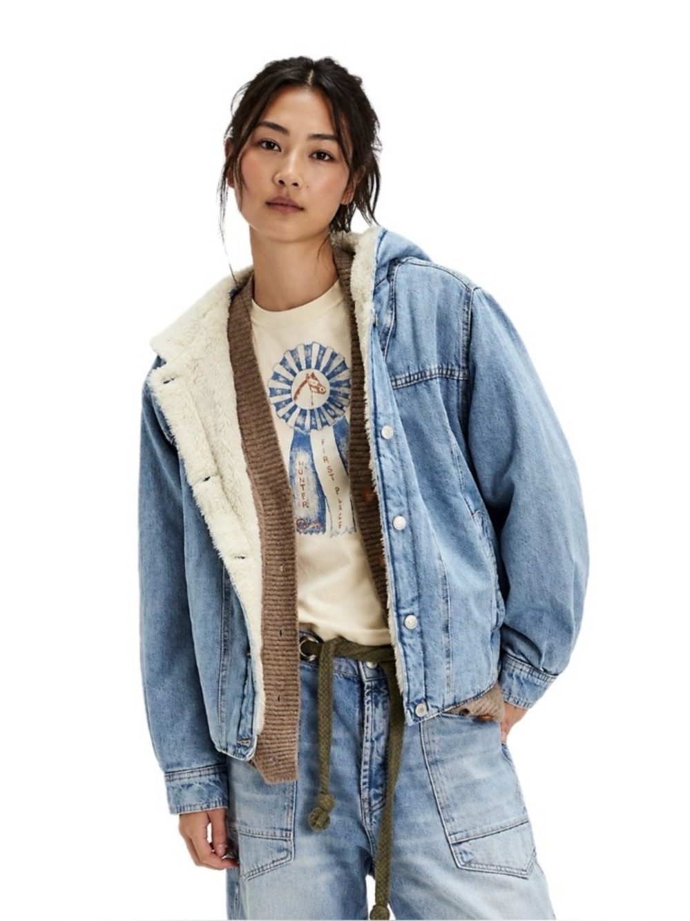 Free People We The Free,  Asher Cozy Denim Sherpa Jacket Light Wash, Size L